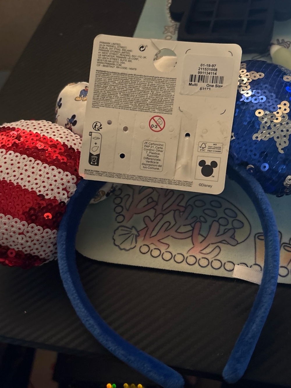 Disney Sequin Mouse Ear Headband - Blue Band with Red & White Striped Ears